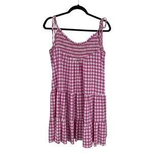 Kasia Pink White Gingham Smocked Tiered Sleeveless Mini Dress Womens XS